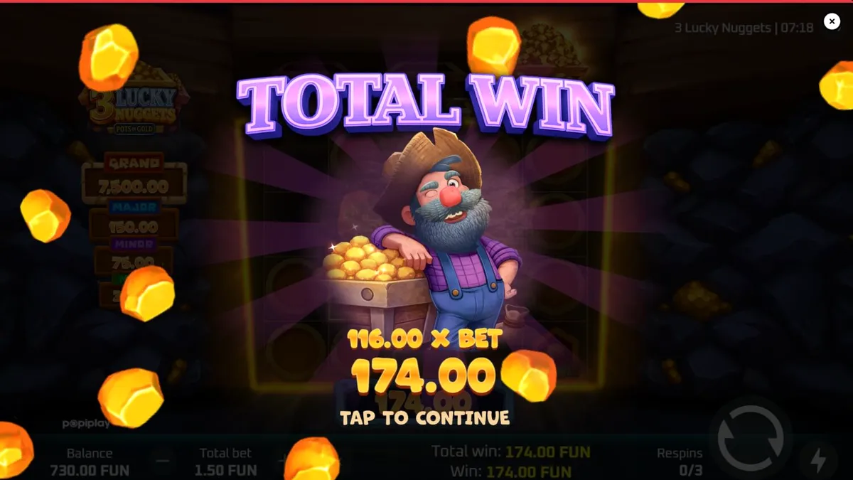 Tampilan visual slot 3 Lucky Nuggets dengan tema tambang emas yang ceria